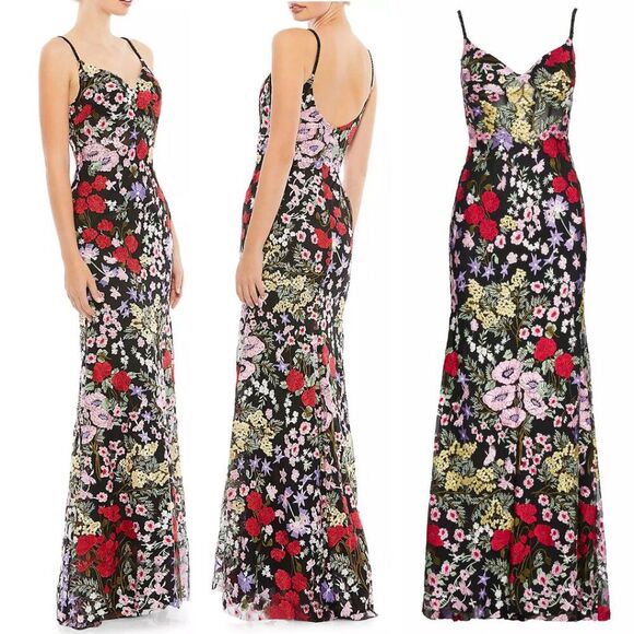 Mac Duggal Size 6 Black Floral Embroidery Sweetheart Neck Long Maxi Gown Dress - Picture 2 of 7
